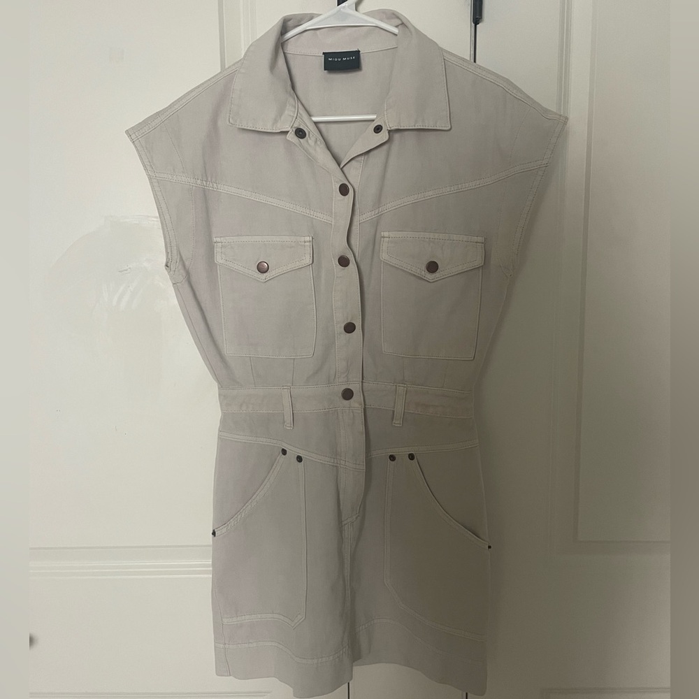 Miou Muse Beige Denim Mini Western Dress with pockets